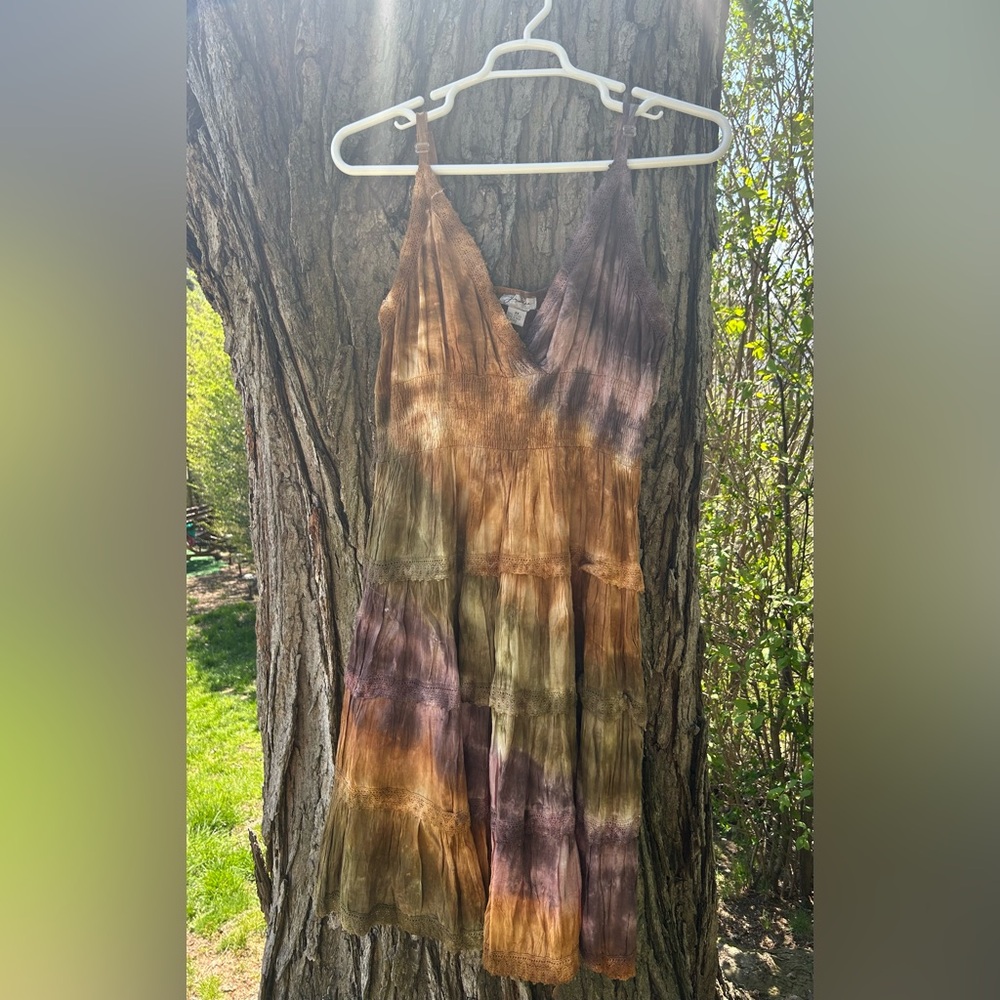 Brown and Red Plunge Neck Maxi Sundress